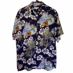 Pierre Cardin Shirt‎ Adult Medium Navy Hawaiian Flowers Palm Trees Surfing Mens